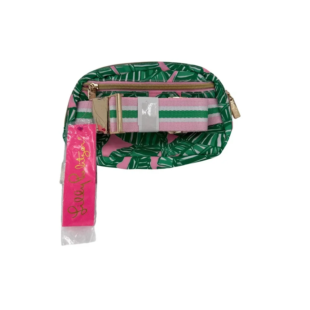 Lilly Pulitzer Cross Body Bag Pouch Palm Leaf‎ Print Pink Green Gold Zipper NEW